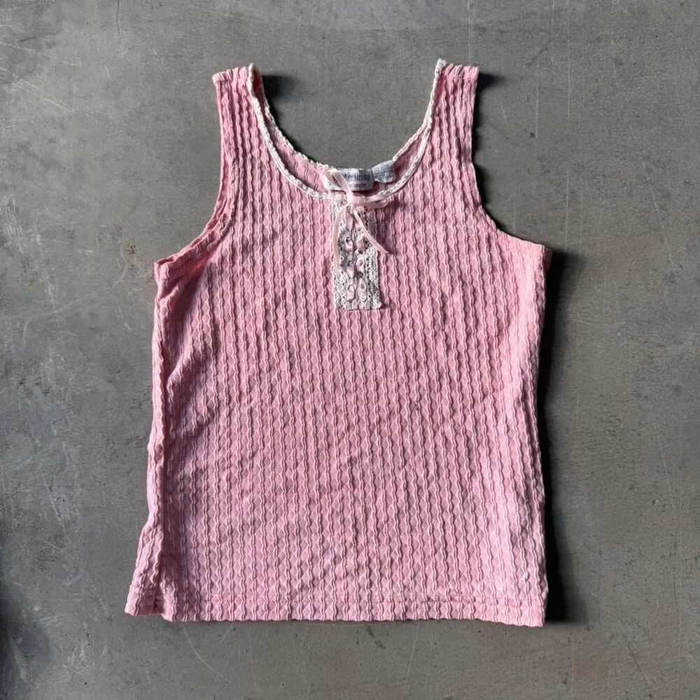 Pink lace tank top with ribbon bow detail